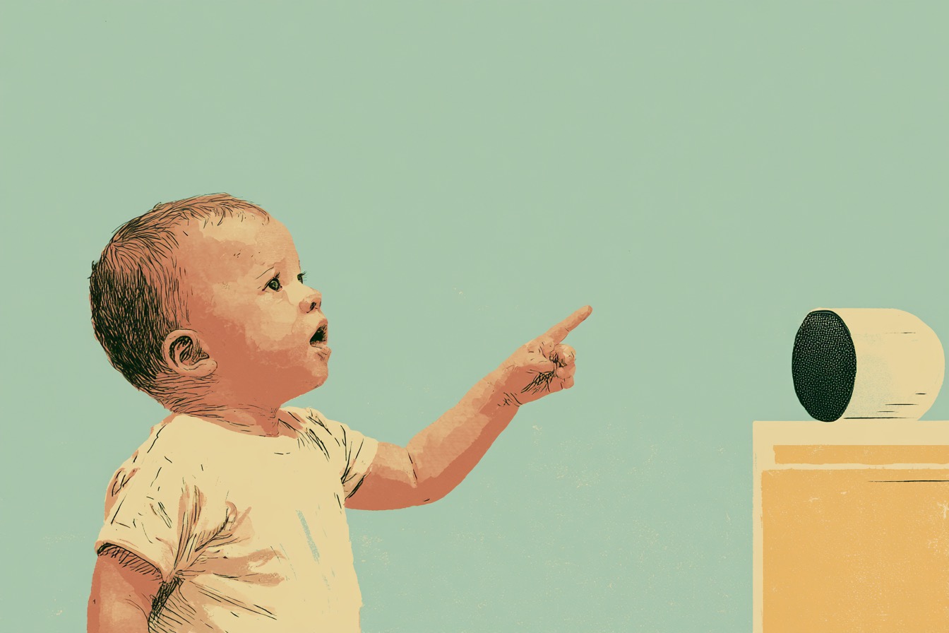 A toddler pointing toward a smart speaker while an adult-mediated AI setup stays at a distance.