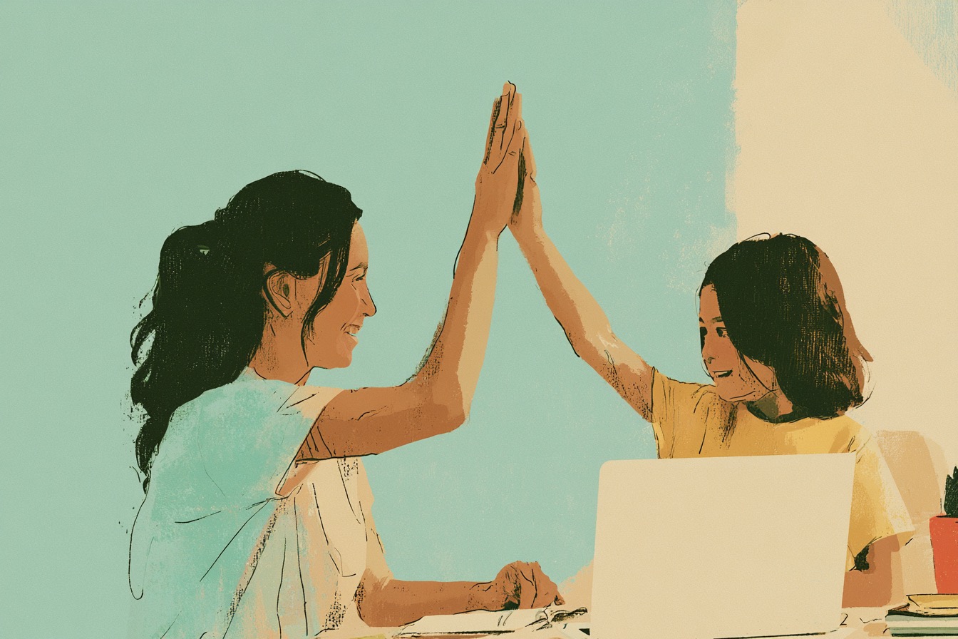 A parent and child high-fiving beside a laptop after building a game together.