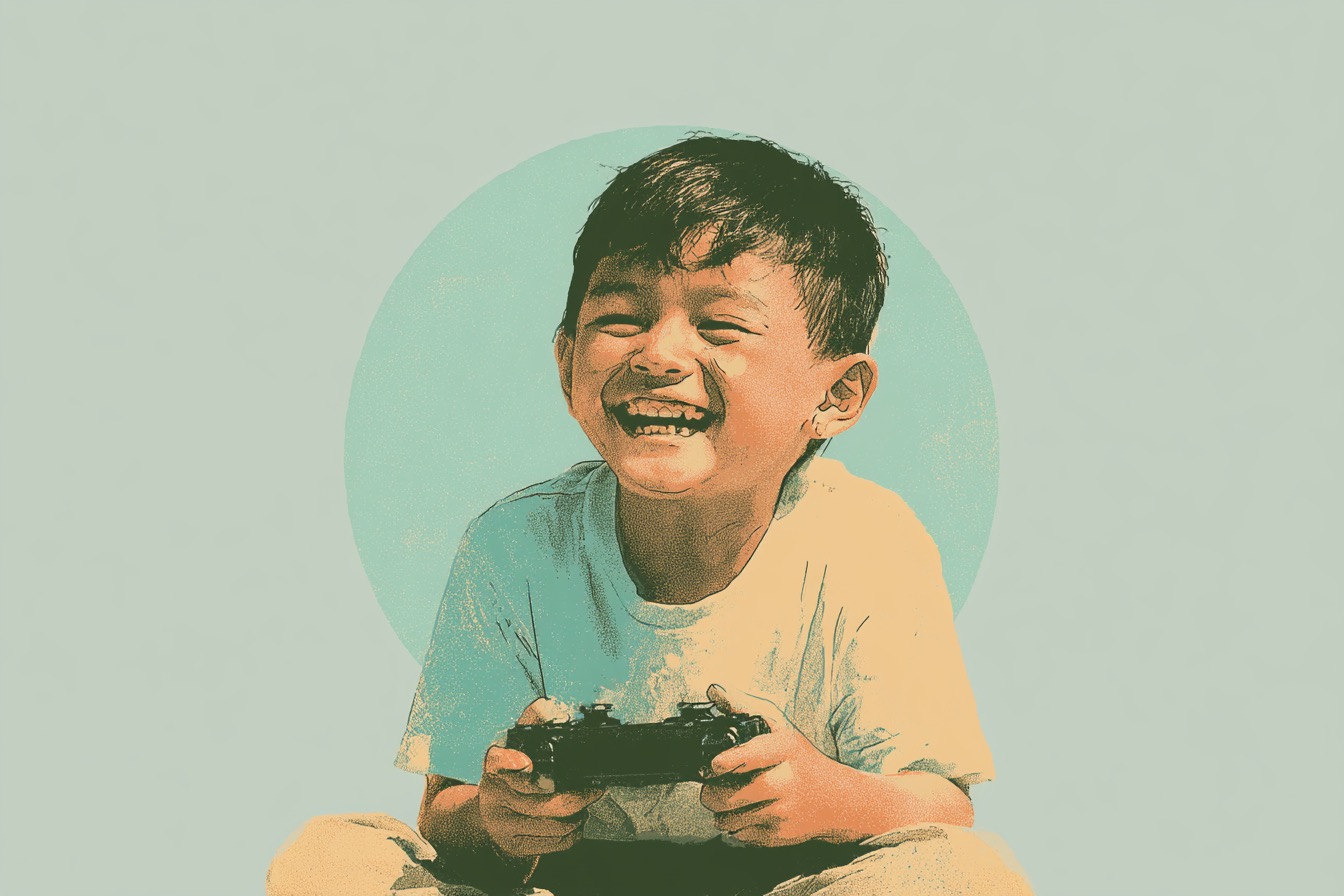 A delighted child holding a game controller after playing a game they helped design.