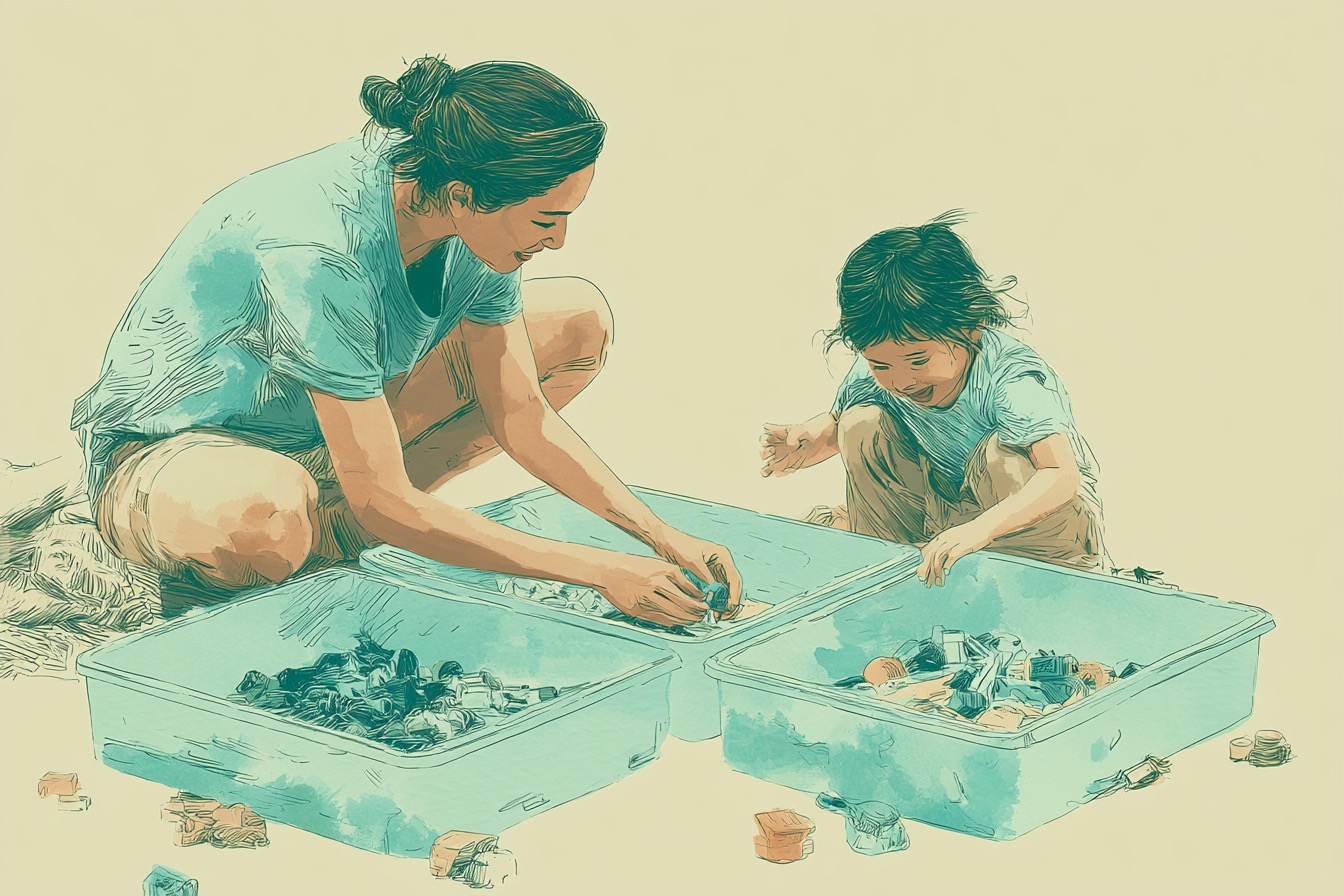 A parent and child sorting small toys into separate bins as a concrete computational thinking activity.