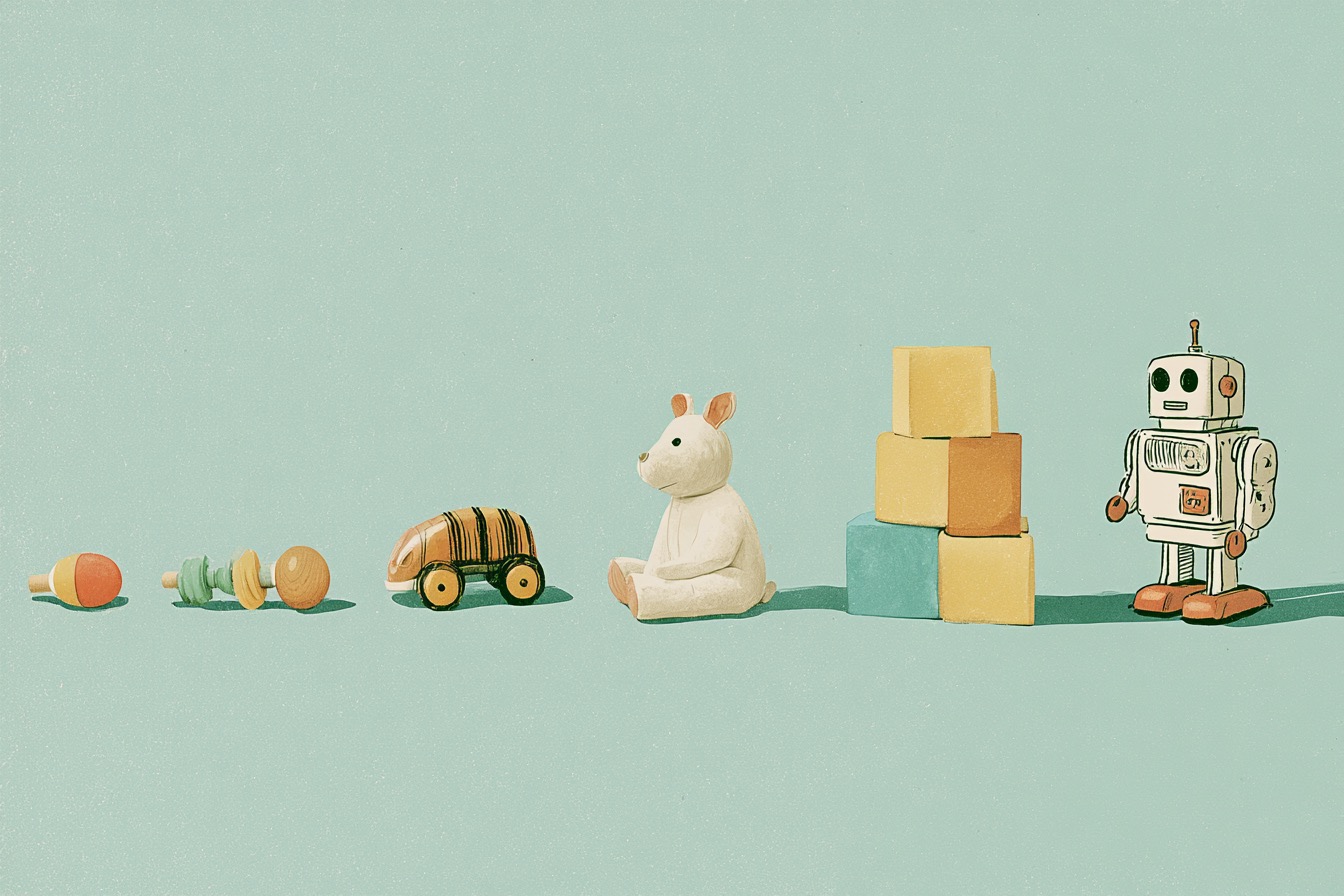A sequence of toys, blocks, and a small robot arranged from simple to more complex play.