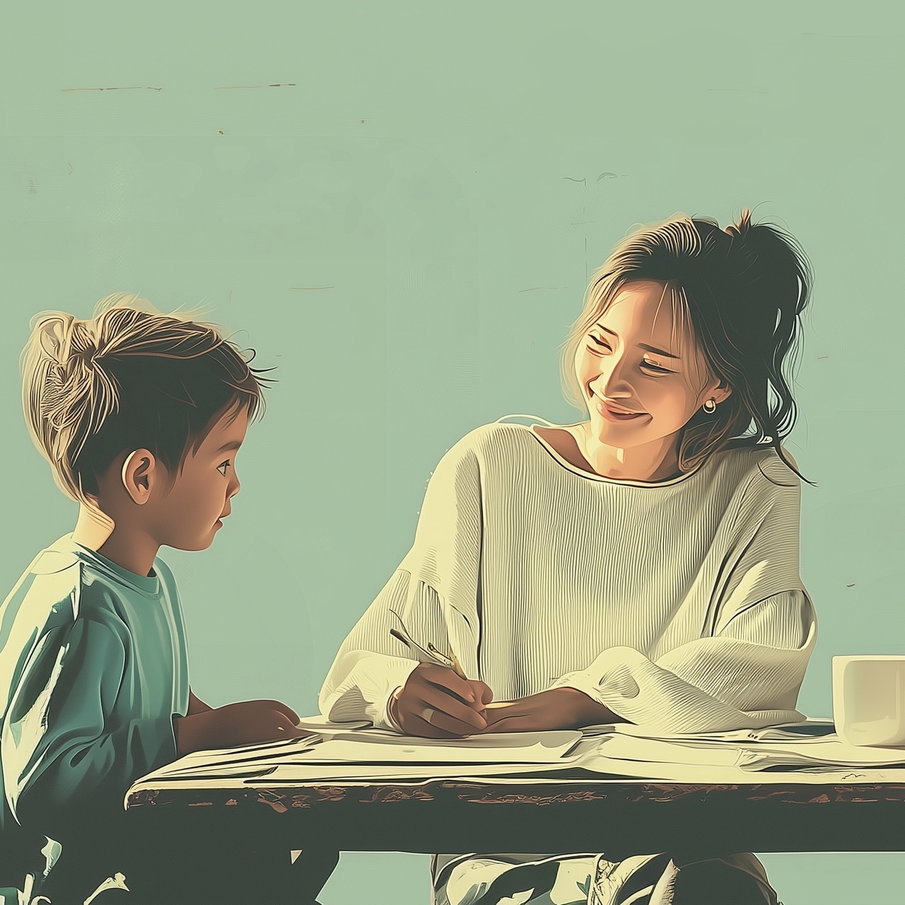 A parent and child working together at a table