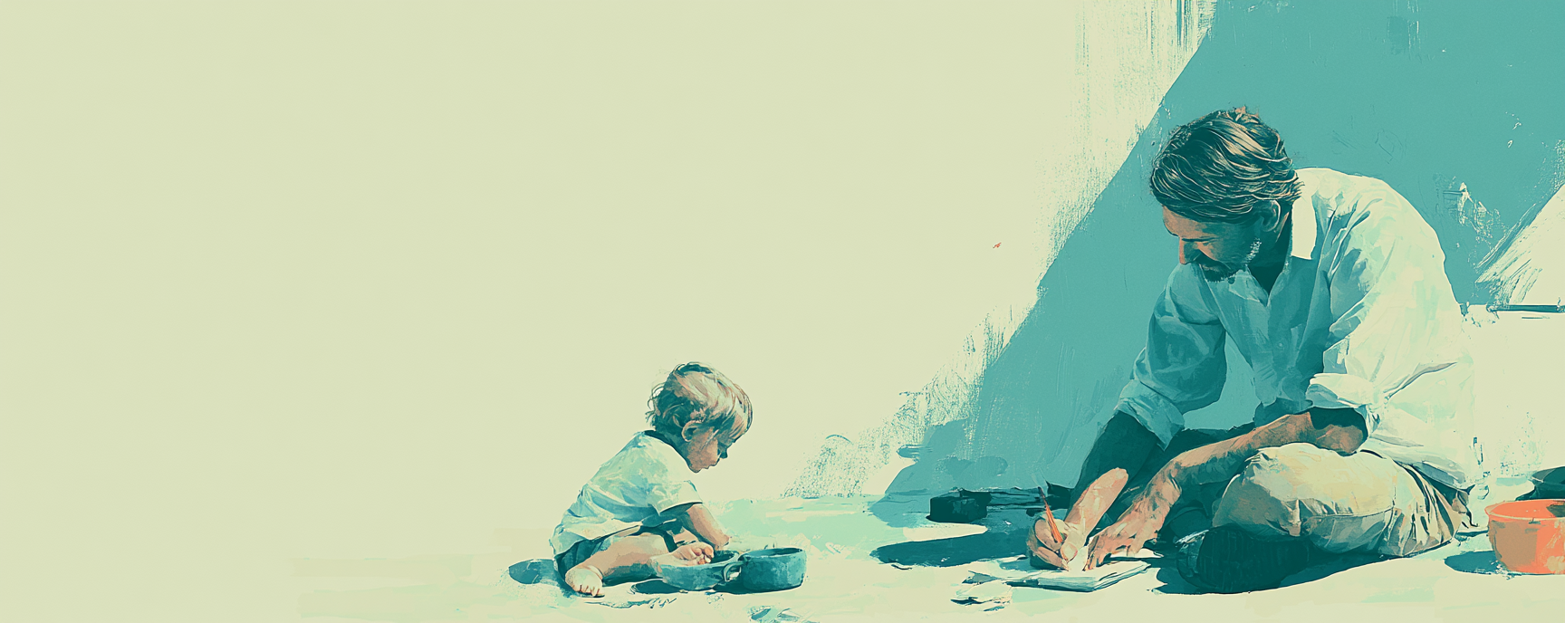 Parent writing in a notebook while a child plays nearby