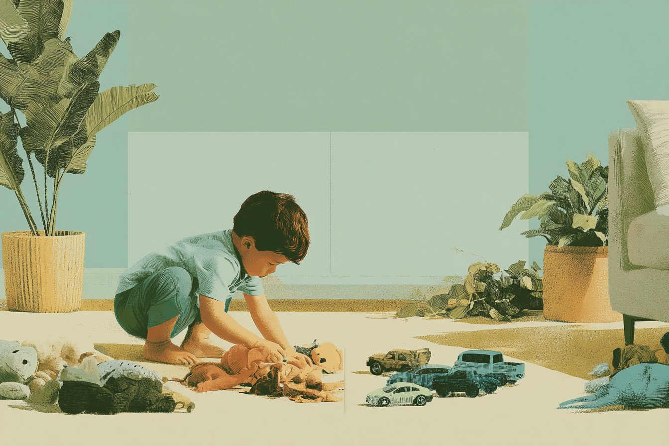 A child sorting toys into groups on the living room floor.