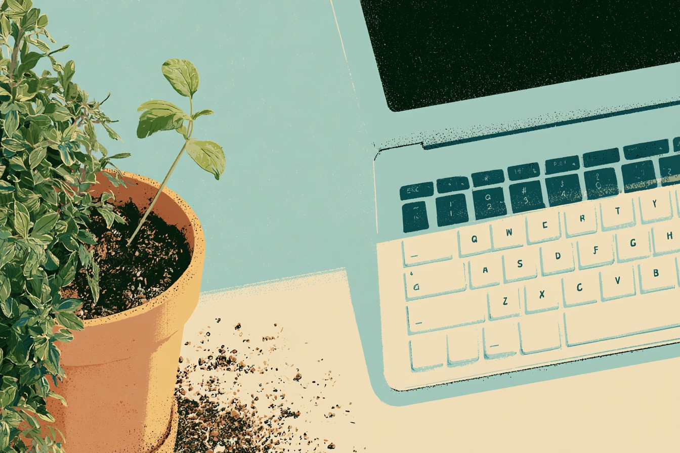 A keyboard beside a potted plant, suggesting technology as one tool among many rather than the starting point.